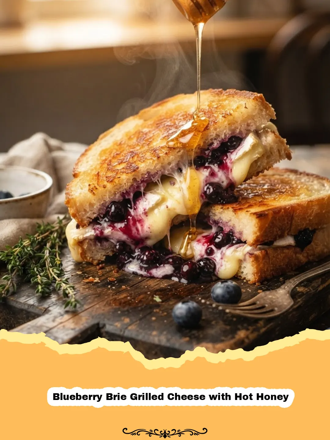 Sweet, Savory, and Spicy: The Ultimate Blueberry Brie Grilled Cheese with Hot Honey 3 Close-up of a perfectly grilled Blueberry Brie Grilled Cheese with Hot Honey, cut in half, showing melted Brie and bursting blueberries
