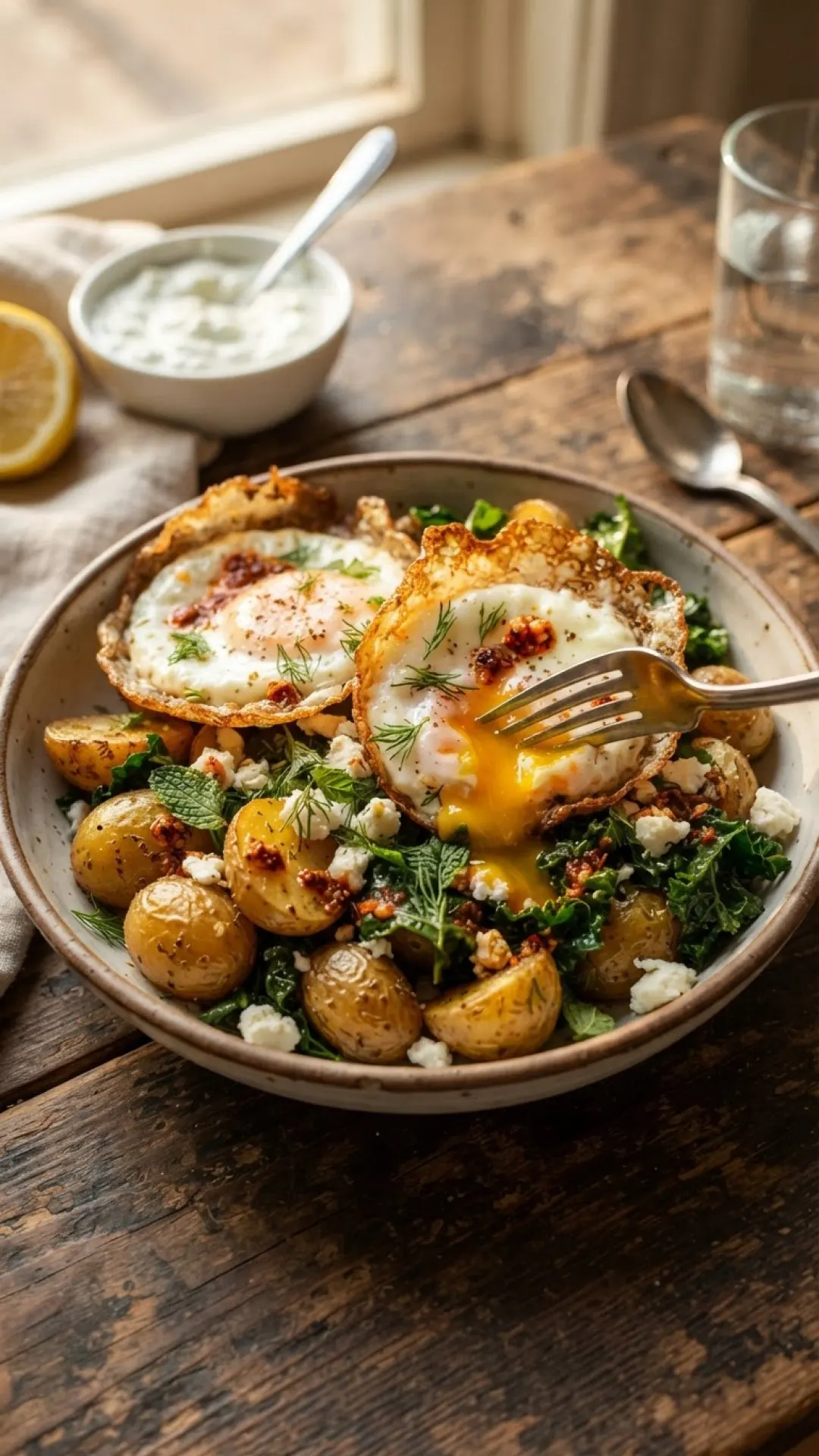 Greek Lemon Potatoes with Kale, Feta, and Crispy Fried Eggs Preparation