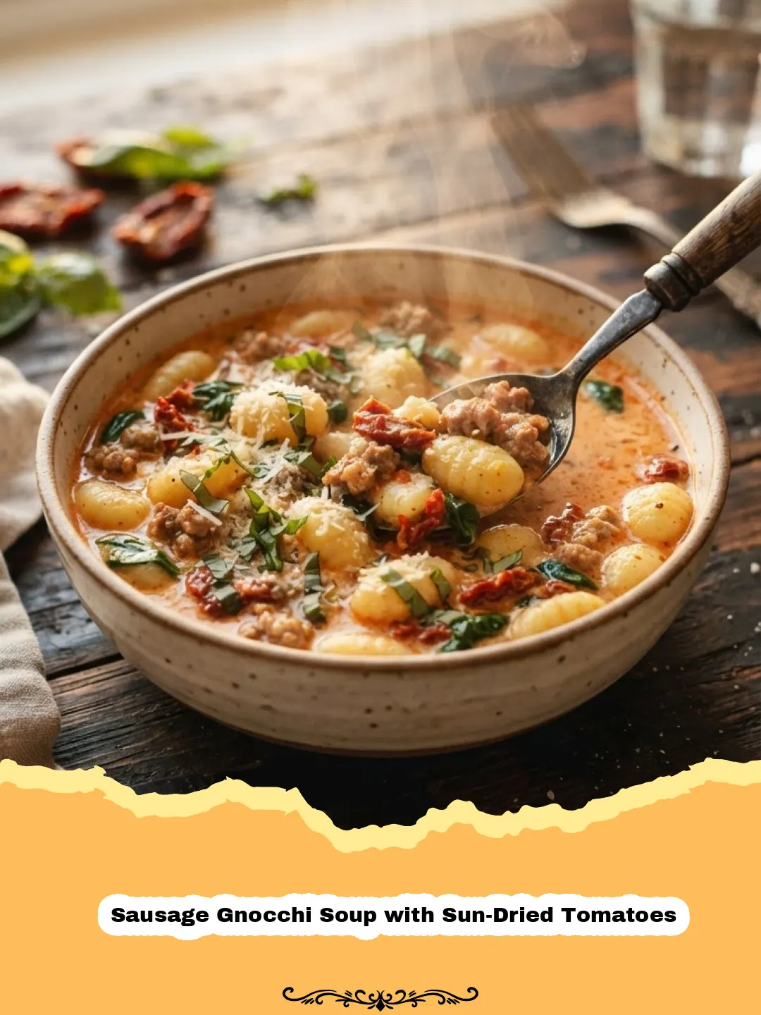 Cozy Comfort in a Bowl: My Favorite Sausage Gnocchi Soup with Sun-Dried Tomatoes 3 Sausage Gnocchi Soup with Sun-Dried Tomatoes - A bowl of creamy Sausage Gnocchi Soup with sun-dried tomatoes, spinach, and a sprinkle of Parmesan cheese.
