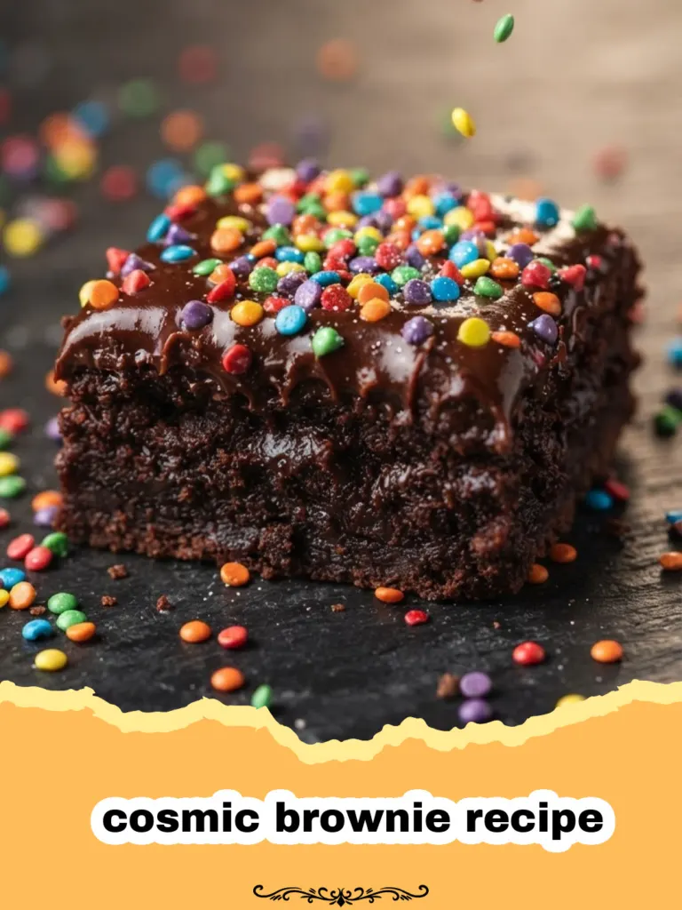 cosmic brownie recipe - Close-up of a perfectly cut homemade cosmic brownie with rich chocolate ganache and colorful sprinkles