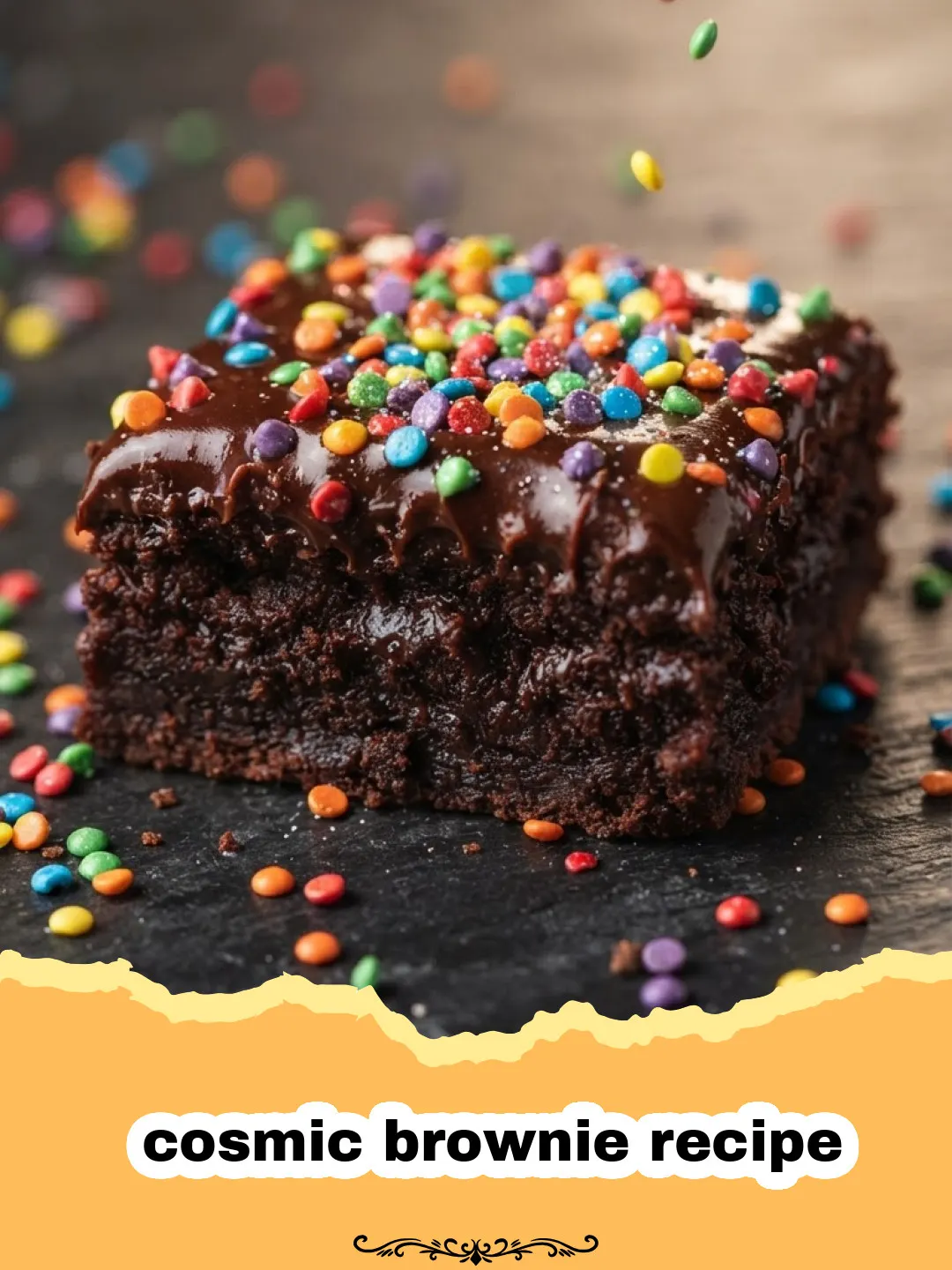 cosmic brownie recipe - Close-up of a perfectly cut homemade cosmic brownie with rich chocolate ganache and colorful sprinkles
