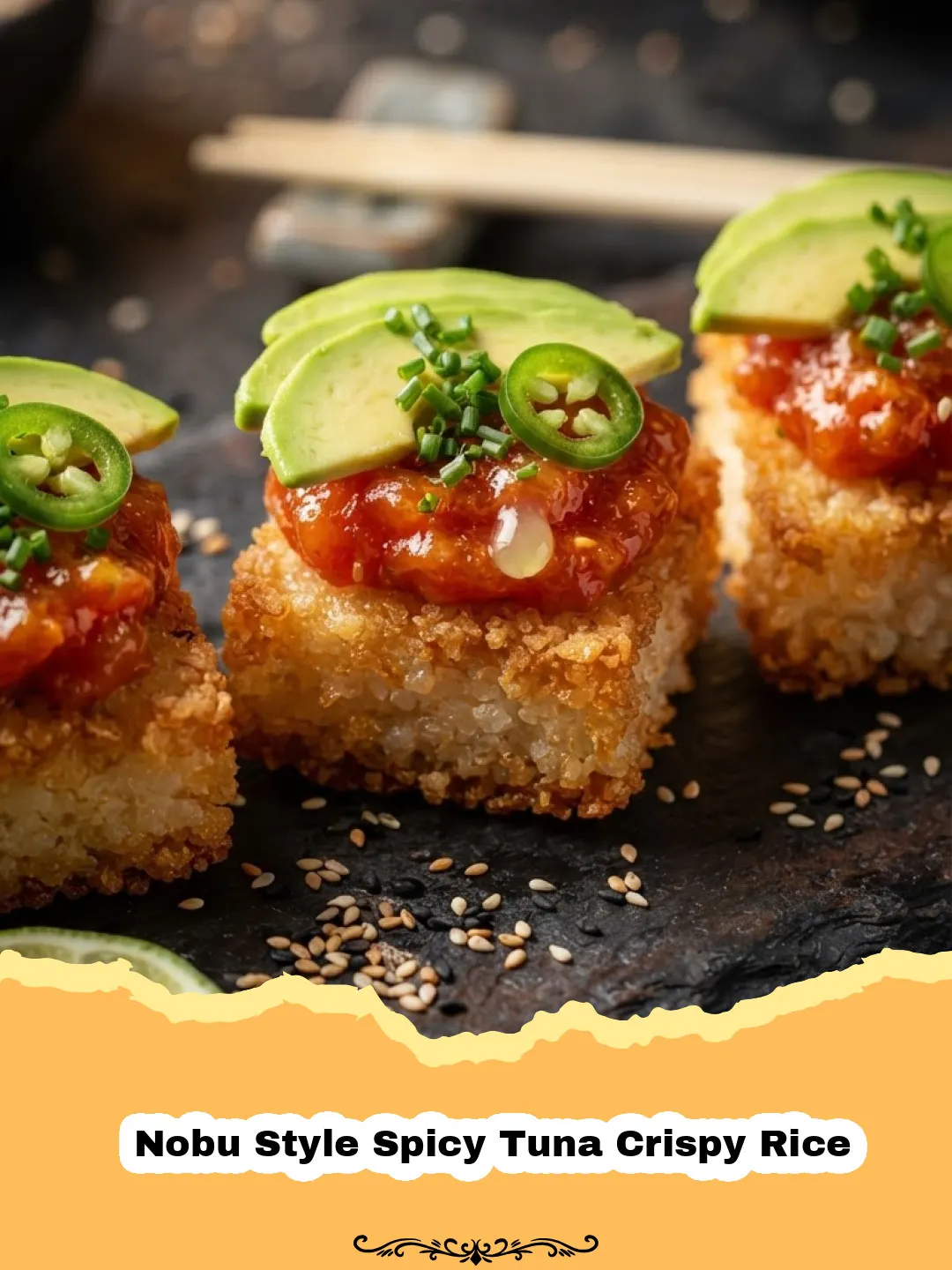 Nobu Style Spicy Tuna Crispy Rice - Platter of golden crispy rice squares topped with vibrant red spicy tuna and sliced jalapeño, ready to be served.