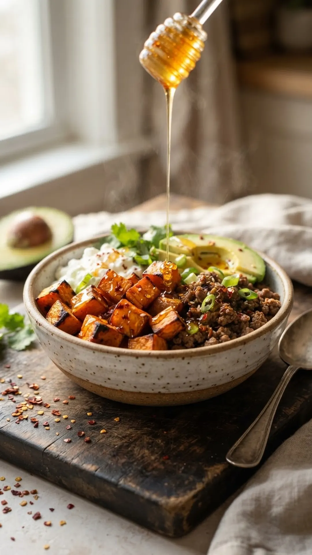 Hot Honey Sweet Potato Beef Bowl Preparation