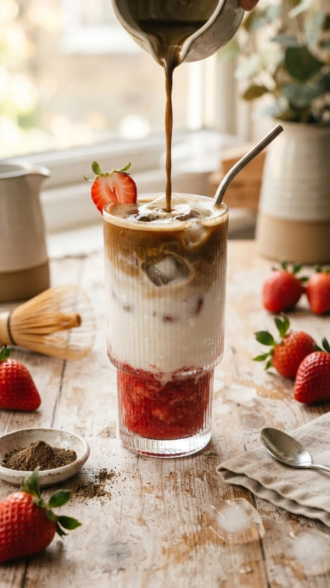 Iced Strawberry Hojicha Latte Preparation