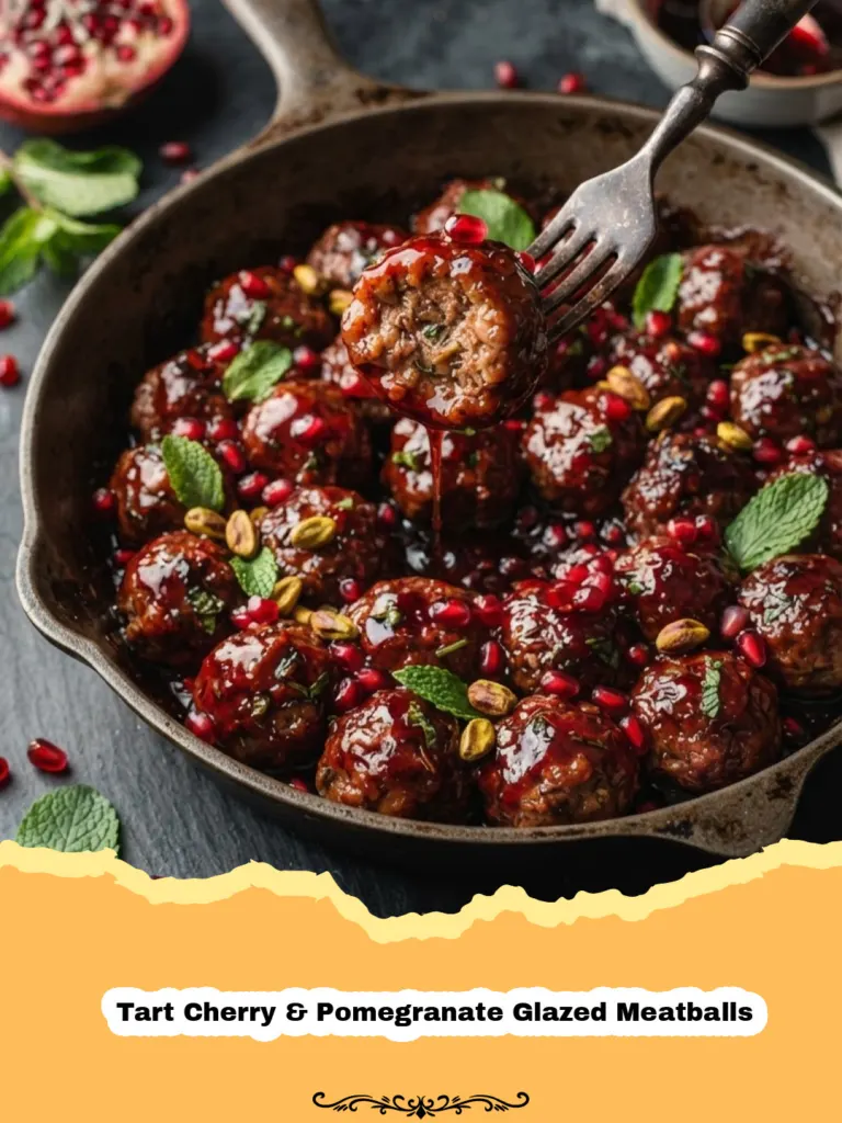 Sweet, Tangy, and Irresistible: Tart Cherry & Pomegranate Glazed Meatballs! 5 Tart Cherry & Pomegranate Glazed Meatballs - Close-up of glossy Tart Cherry and Pomegranate Glazed Meatballs in a skillet, garnished with fresh mint.