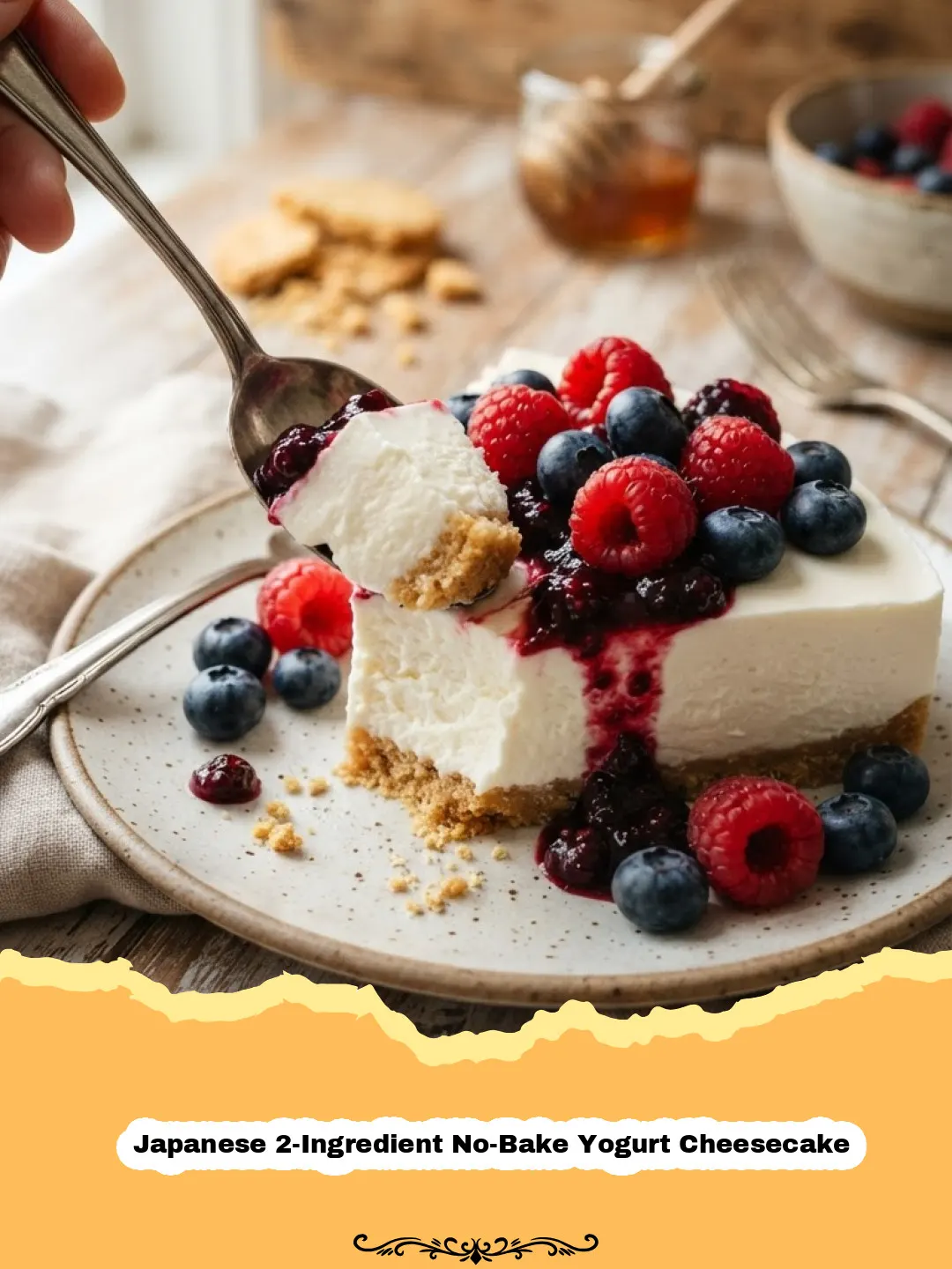 A perfectly smooth and creamy slice of Japanese 2-Ingredient No-Bake Yogurt Cheesecake on a white plate, garnished with fresh berries.