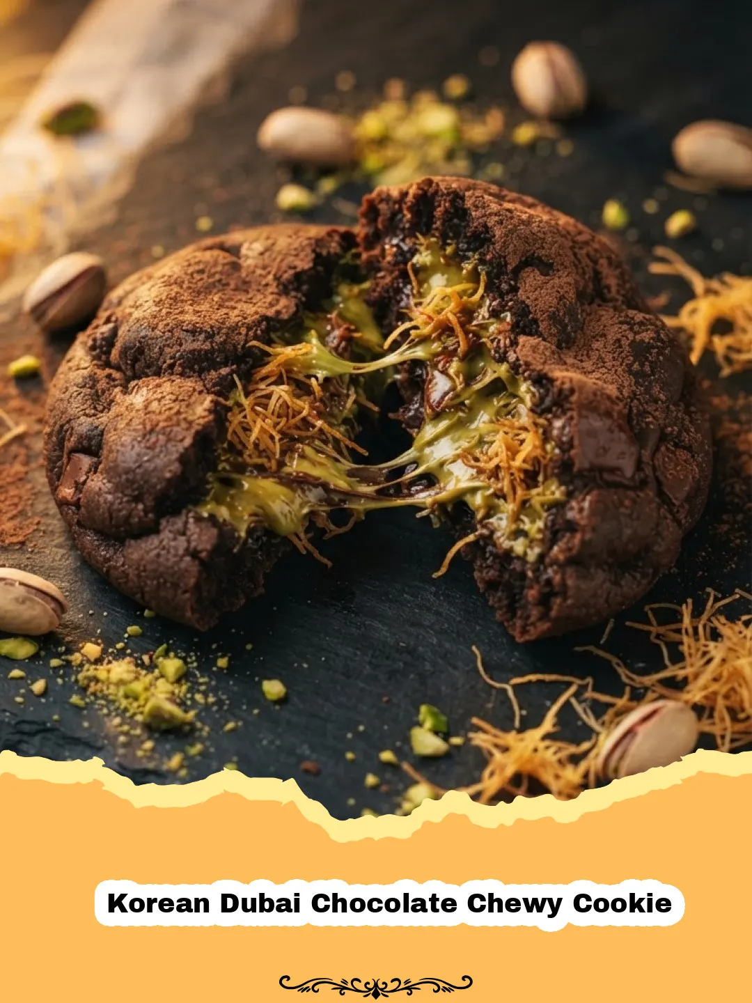 A close-up of a perfectly baked Korean Dubai Chocolate Chewy Cookie, featuring melted chocolate chunks and a golden-brown, chewy exterior.