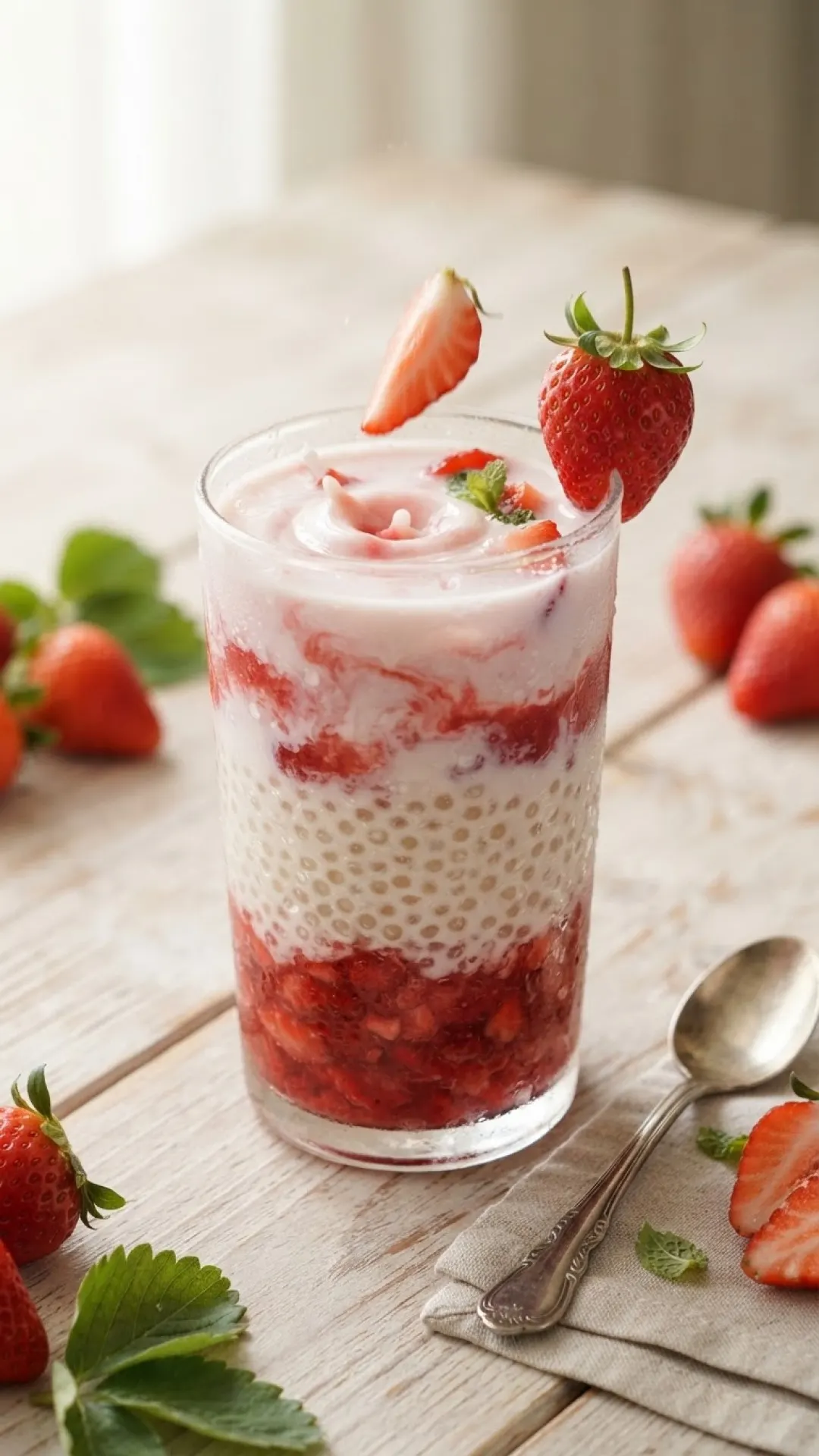 Korean Strawberry Milk Sago Dessert Cups Preparation