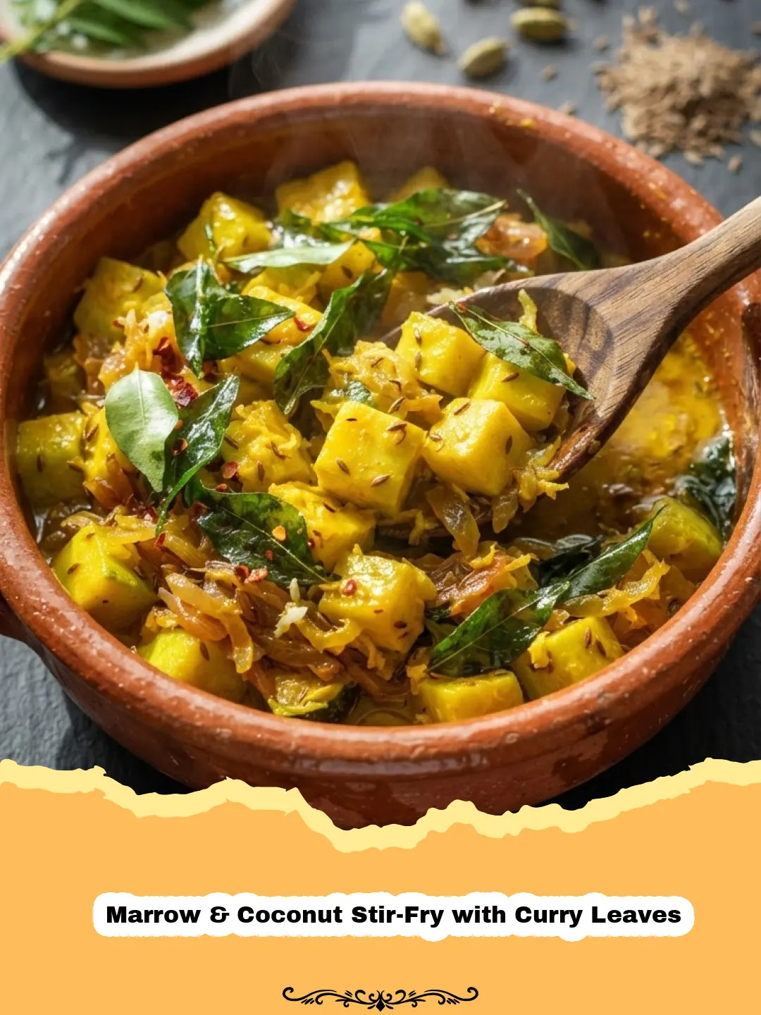A vibrant bowl of Marrow & Coconut Stir-Fry with Curry Leaves, garnished with fresh cilantro, served with a side of rice.
