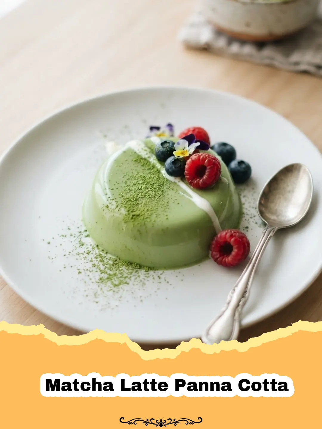 Two-layered Matcha Latte Panna Cotta in glass ramekins, garnished with a dusting of matcha powder and fresh mint.