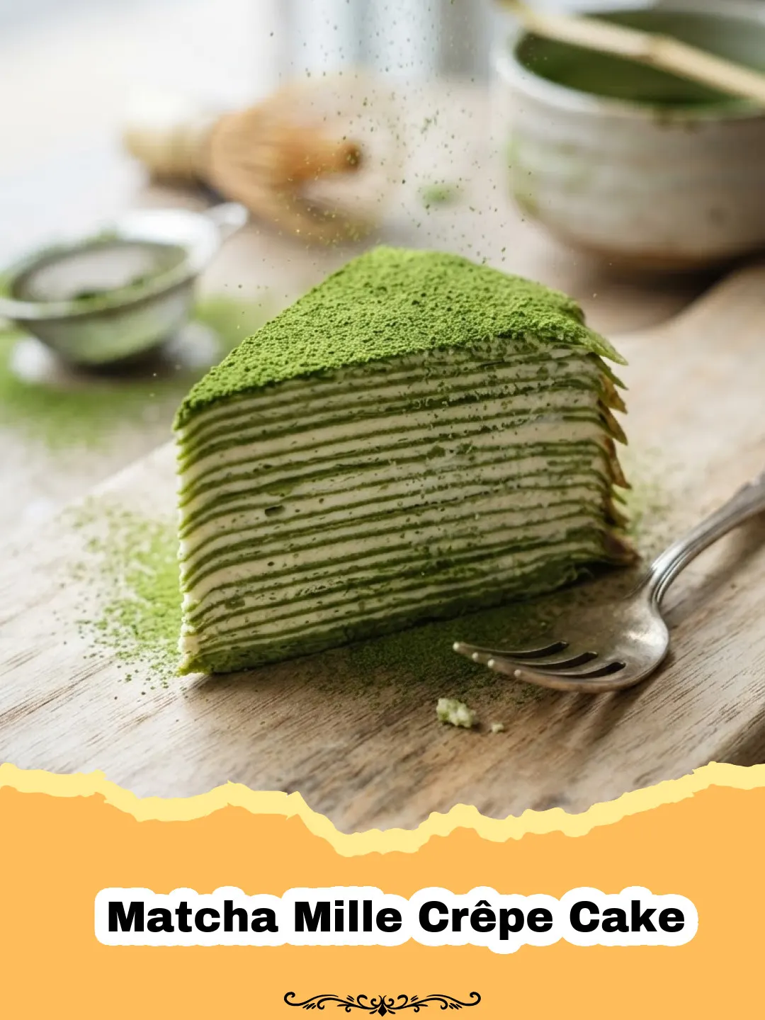 Embrace Elegance: My Favorite Matcha Mille Crêpe Cake Recipe 3 A beautifully layered slice of Matcha Mille Crêpe Cake with delicate green crêpes and white cream layers, dusted with matcha powder.