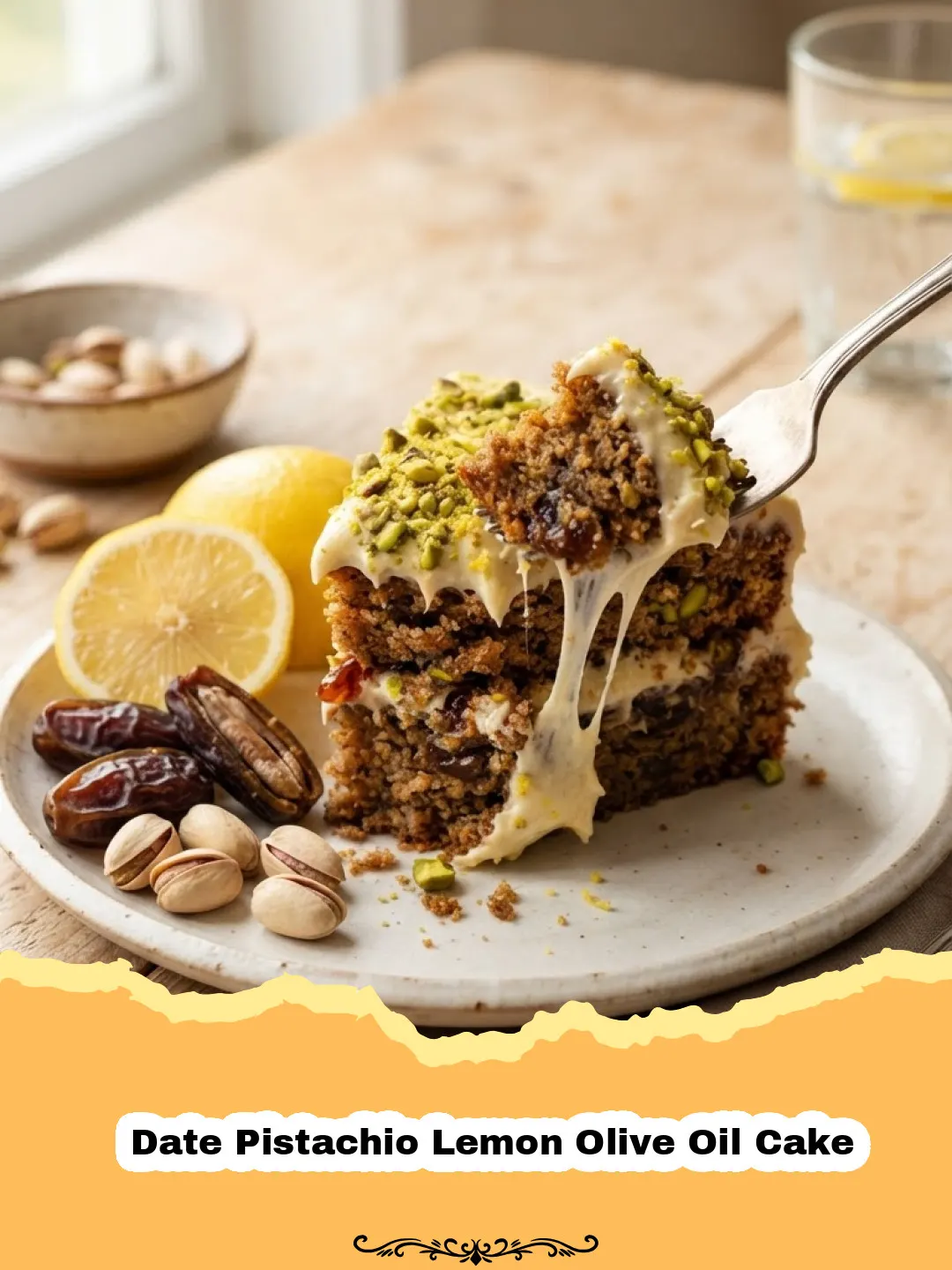 A beautifully sliced Date Pistachio Lemon Olive Oil Cake on a serving plate, showing its moist crumb, dates, and pistachios.