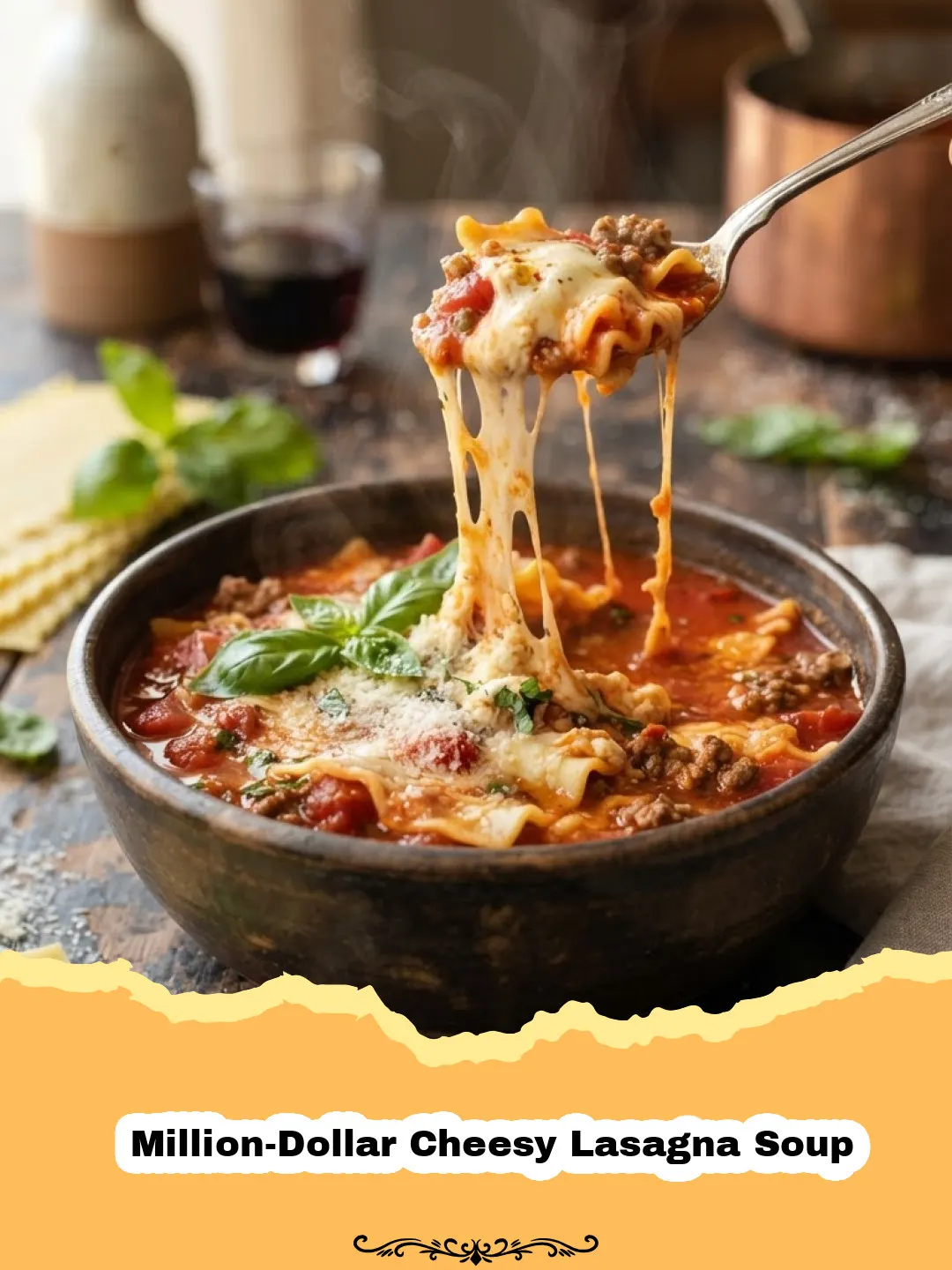 Unlock Unbeatable Flavor: My Famous Million-Dollar Cheesy Lasagna Soup Recipe! 3 A steaming bowl of Million-Dollar Cheesy Lasagna Soup, garnished with fresh parsley and a dollop of ricotta, with garlic bread in the background.