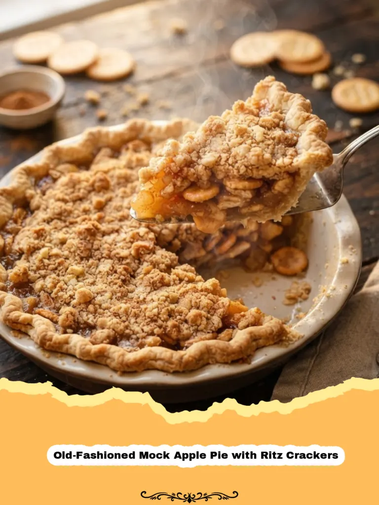 A slice of Old-Fashioned Mock Apple Pie with Ritz Crackers on a plate with a scoop of vanilla ice cream.