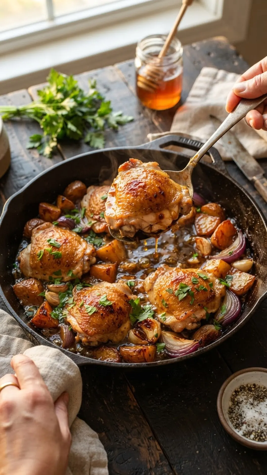 The Ultimate One-Skillet Chicken Thighs with Schmaltz-Roasted Potatoes & Tomatoes: A Homestyle Delight 4 One-Skillet Chicken Thighs with Schmaltz-Roasted Potatoes & Tomatoes Preparation