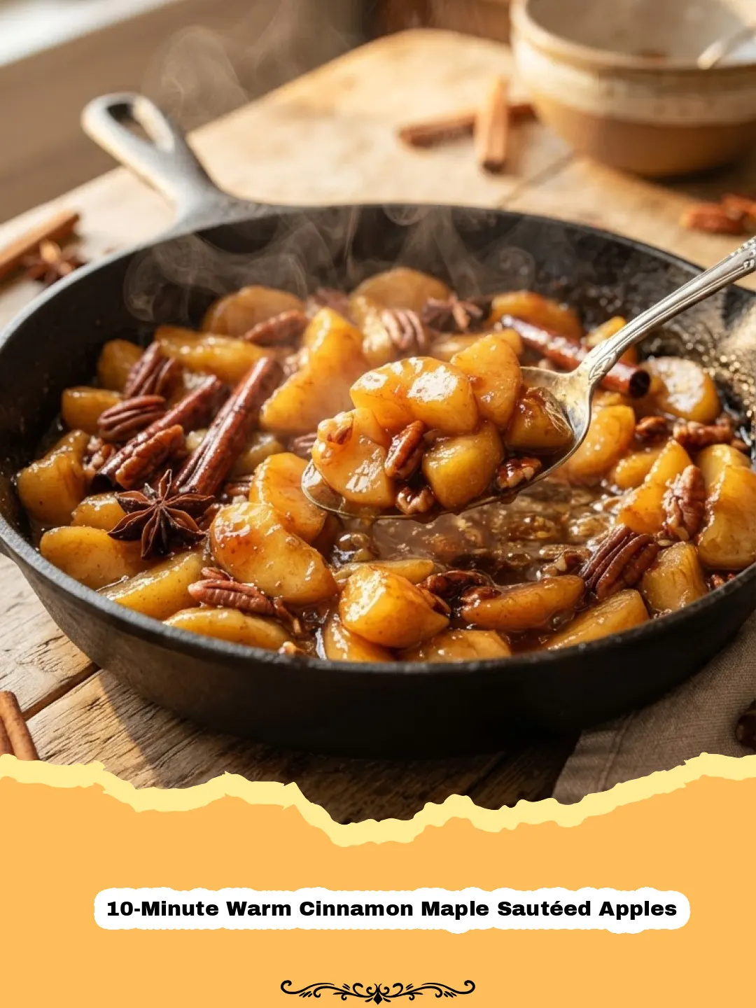 10-Minute Warm Cinnamon Maple Sautéed Apples - Close-up of warm cinnamon maple sautéed apples in a skillet, glistening with syrup.