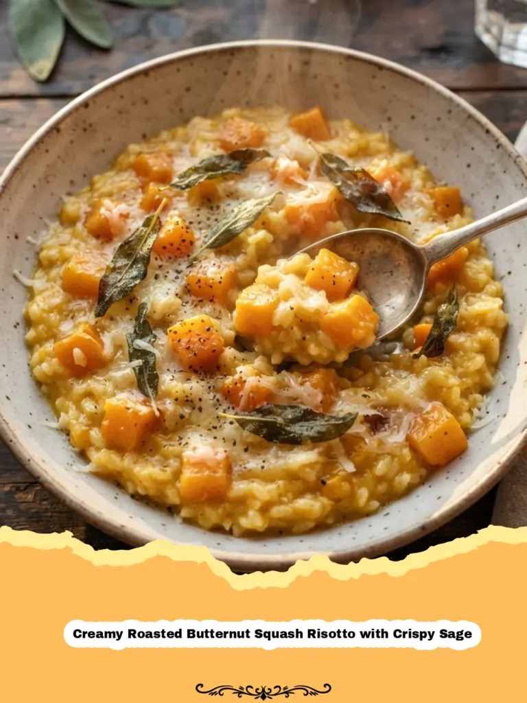 Embrace Autumn's Warmth: My Irresistible Creamy Roasted Butternut Squash Risotto with Crispy Sage 5 Creamy Roasted Butternut Squash Risotto with Crispy Sage - A close-up shot of creamy butternut squash risotto topped with golden crispy sage leaves and a sprinkle of Parmesan cheese, served in a white bowl.