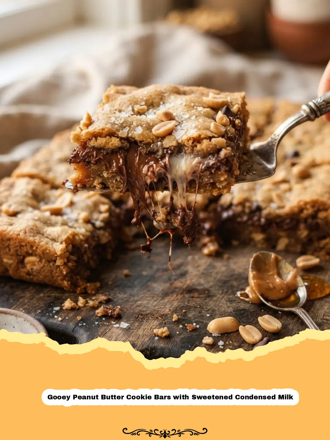 Close-up of Gooey Peanut Butter Cookie Bars with Sweetened Condensed Milk, showing the rich, chewy layers.