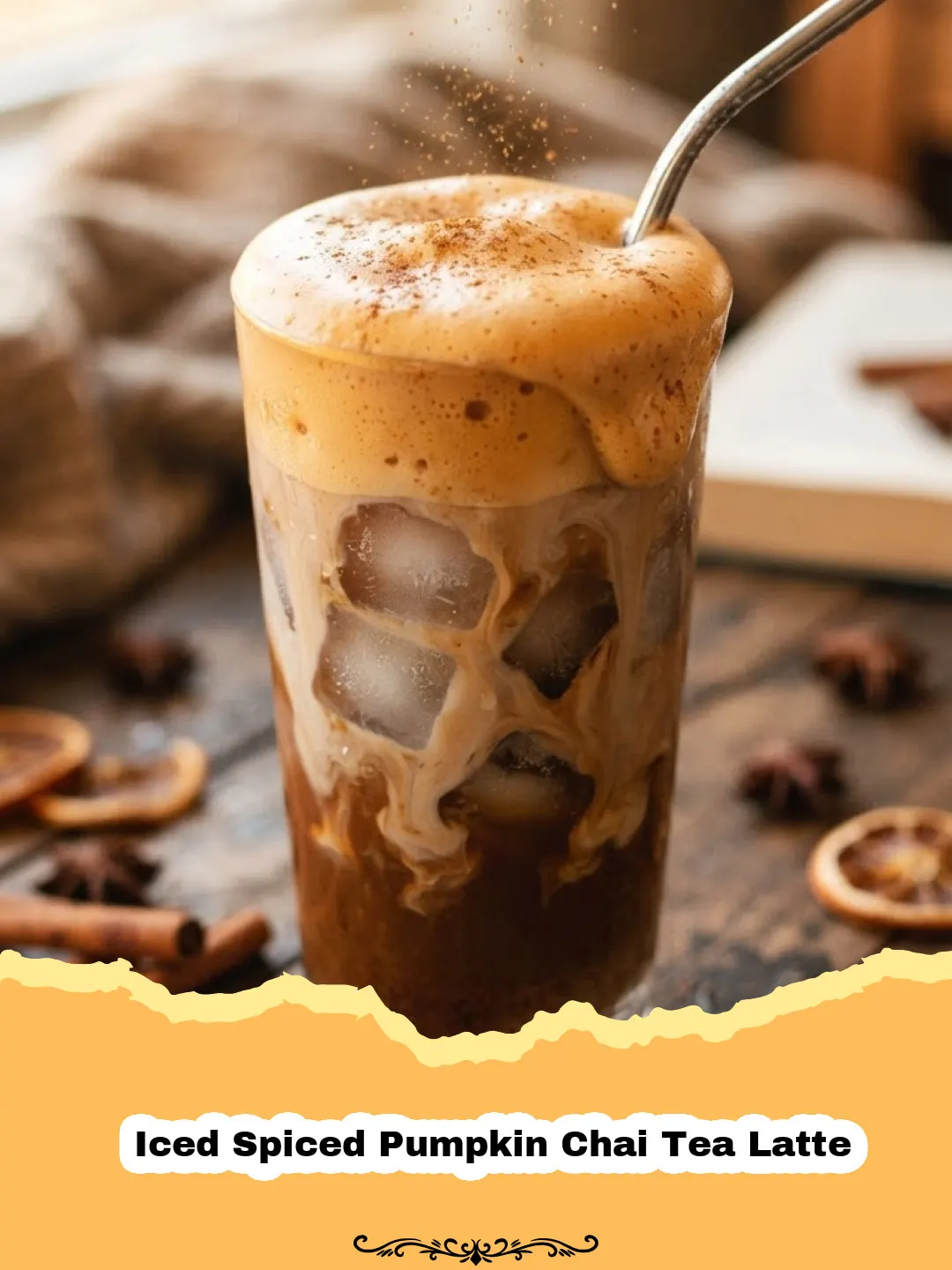 The Ultimate Homemade Iced Spiced Pumpkin Chai Tea Latte 3 A tall glass of Iced Spiced Pumpkin Chai Tea Latte with ice and a straw, showing a beautiful creamy gradient.
