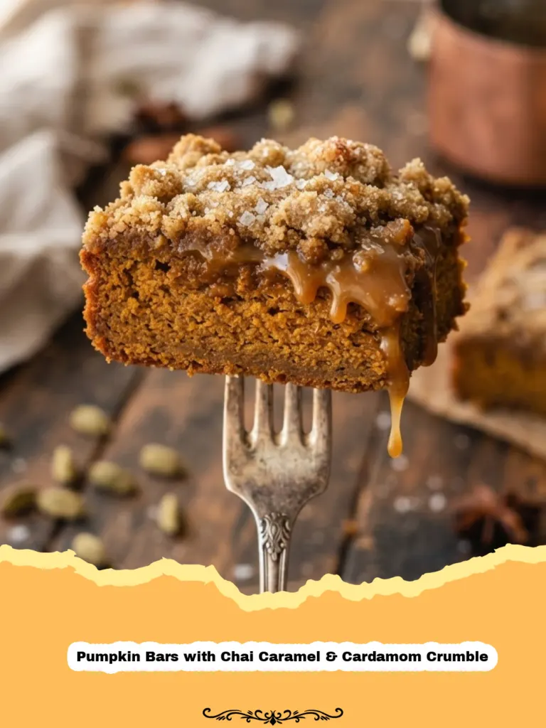 Pumpkin Bars with Chai Caramel & Cardamom Crumble - Close-up image of a square Pumpkin Bar with Chai Caramel & Cardamom Crumble, showing distinct layers of pumpkin cake, glossy caramel, and crunchy crumble.