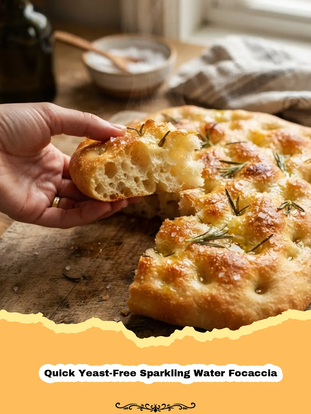 The Easiest Quick Yeast-Free Sparkling Water Focaccia: No Rise, All Flavor! 3 A close-up of golden-brown Quick Yeast-Free Sparkling Water Focaccia, generously drizzled with olive oil and sprinkled with fresh rosemary and sea salt, showcasing its dimpled texture.