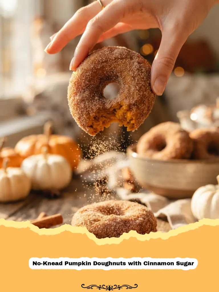 No-Knead Pumpkin Doughnuts with Cinnamon Sugar - Warm, golden No-Knead Pumpkin Doughnuts coated in glistening cinnamon sugar, stacked on a white plate with autumn leaves in the background.