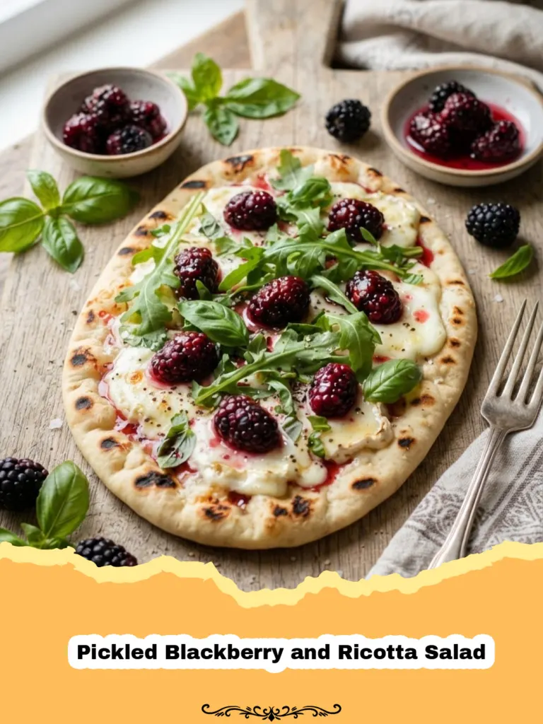 A vibrant Pickled Blackberry and Ricotta Salad on a white platter, garnished with fresh mint and basil, with a wooden spoon.