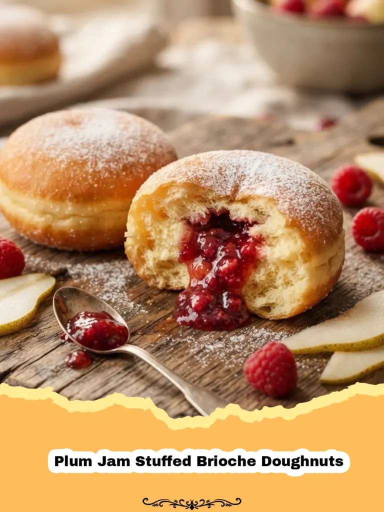 Golden brown Plum Jam Stuffed Brioche Doughnuts coated in sugar, some with plum jam oozing out.