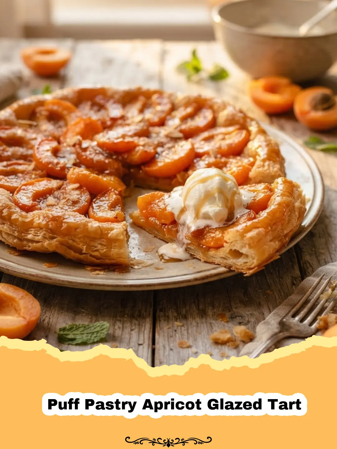 Golden brown Puff Pastry Apricot Glazed Tart with glossy apricots, served on a white plate.