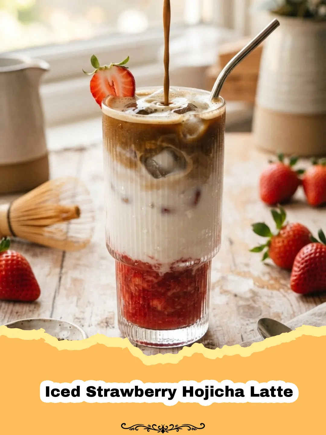 Iced Strawberry Hojicha Latte in a tall glass with fresh strawberries and ice