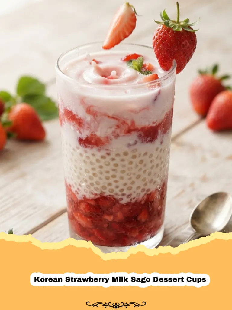 Beautifully layered Korean Strawberry Milk Sago Dessert Cups in clear glasses, garnished with fresh strawberry slices.