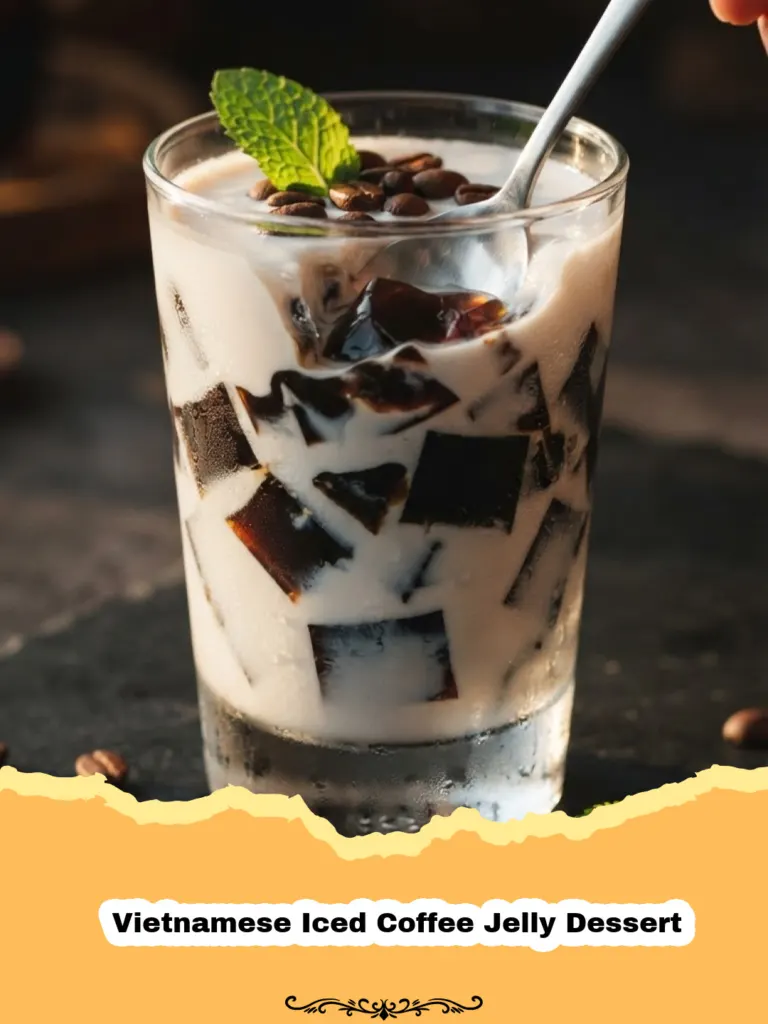 Close-up of Vietnamese Iced Coffee Jelly Dessert in a glass, with coffee jelly cubes and creamy condensed milk sauce.