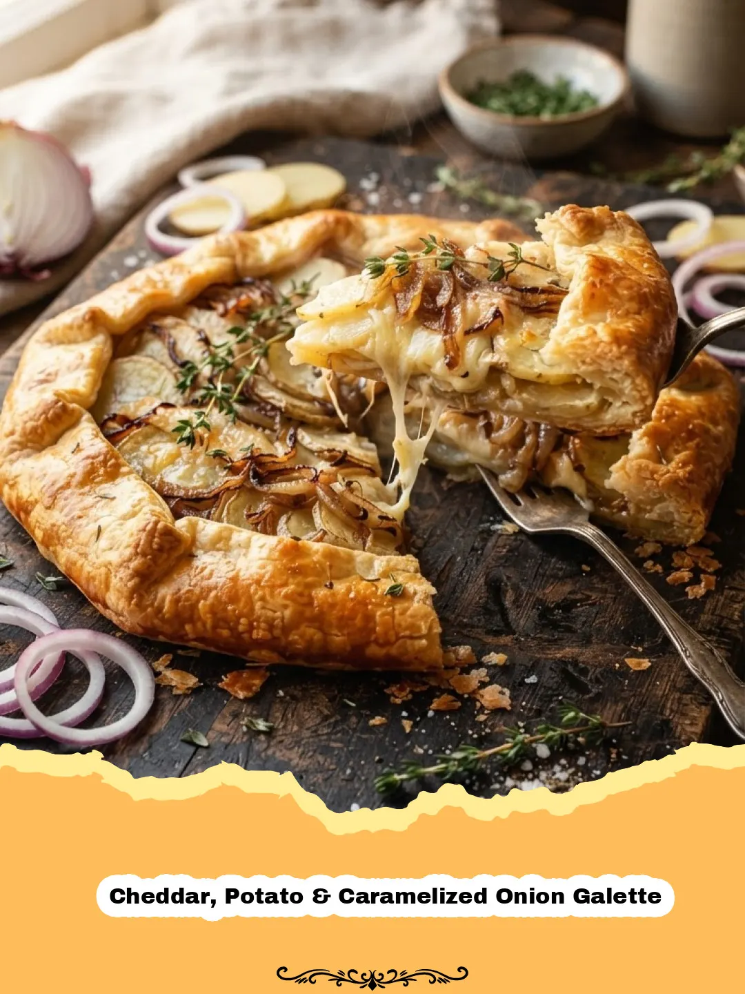A close-up of a rustic Cheddar, Potato & Caramelized Onion Galette with a golden, flaky crust and visible layers of potatoes, onions, and melted cheddar.