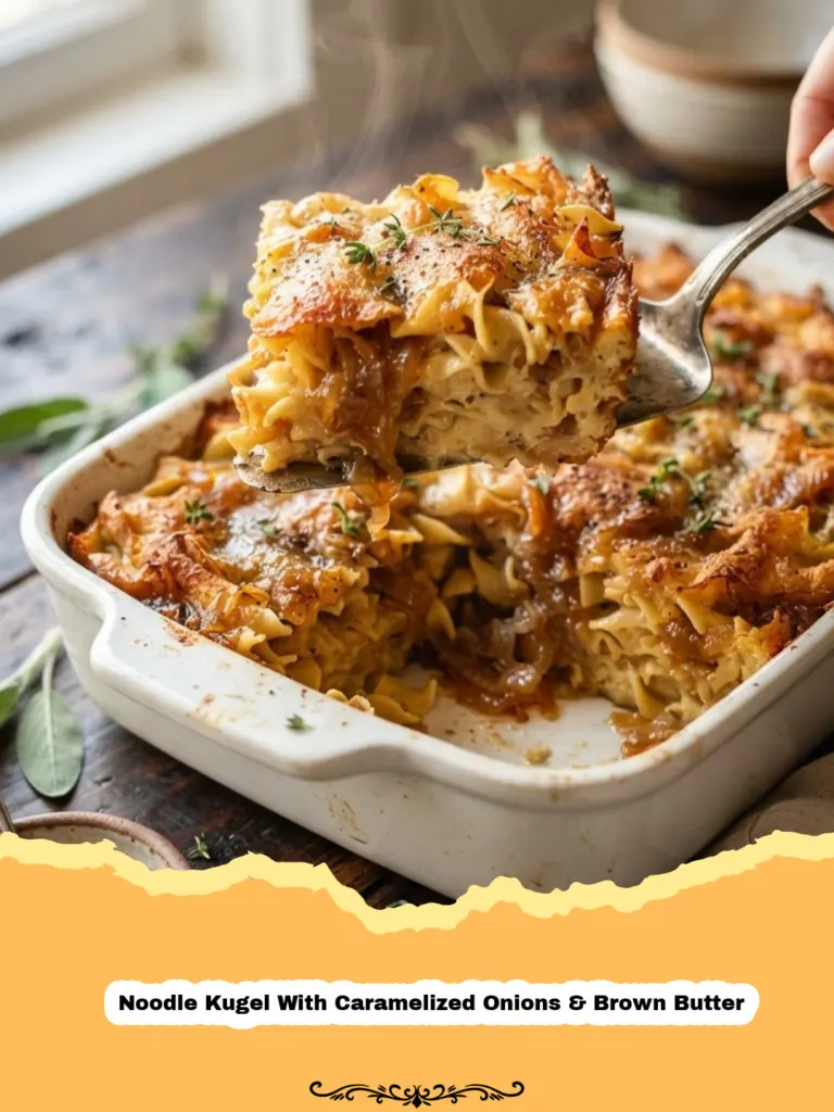The Ultimate Comfort: Savory Noodle Kugel with Caramelized Onions & Brown Butter 7 Noodle Kugel With Caramelized Onions & Brown Butter - Close-up of a golden brown Noodle Kugel with caramelized onions and visible noodles, freshly baked in a ceramic dish, ready to be served.