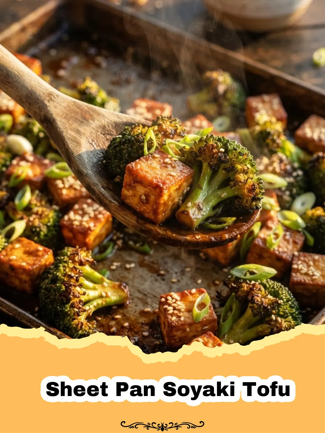 Effortless Weeknight Wonder: The Best Sheet Pan Soyaki Tofu with Roasted Veggies 3 Close-up of crispy Sheet Pan Soyaki Tofu and roasted broccoli, bell peppers, and red onion on a baking sheet, garnished with sesame seeds and green onions.