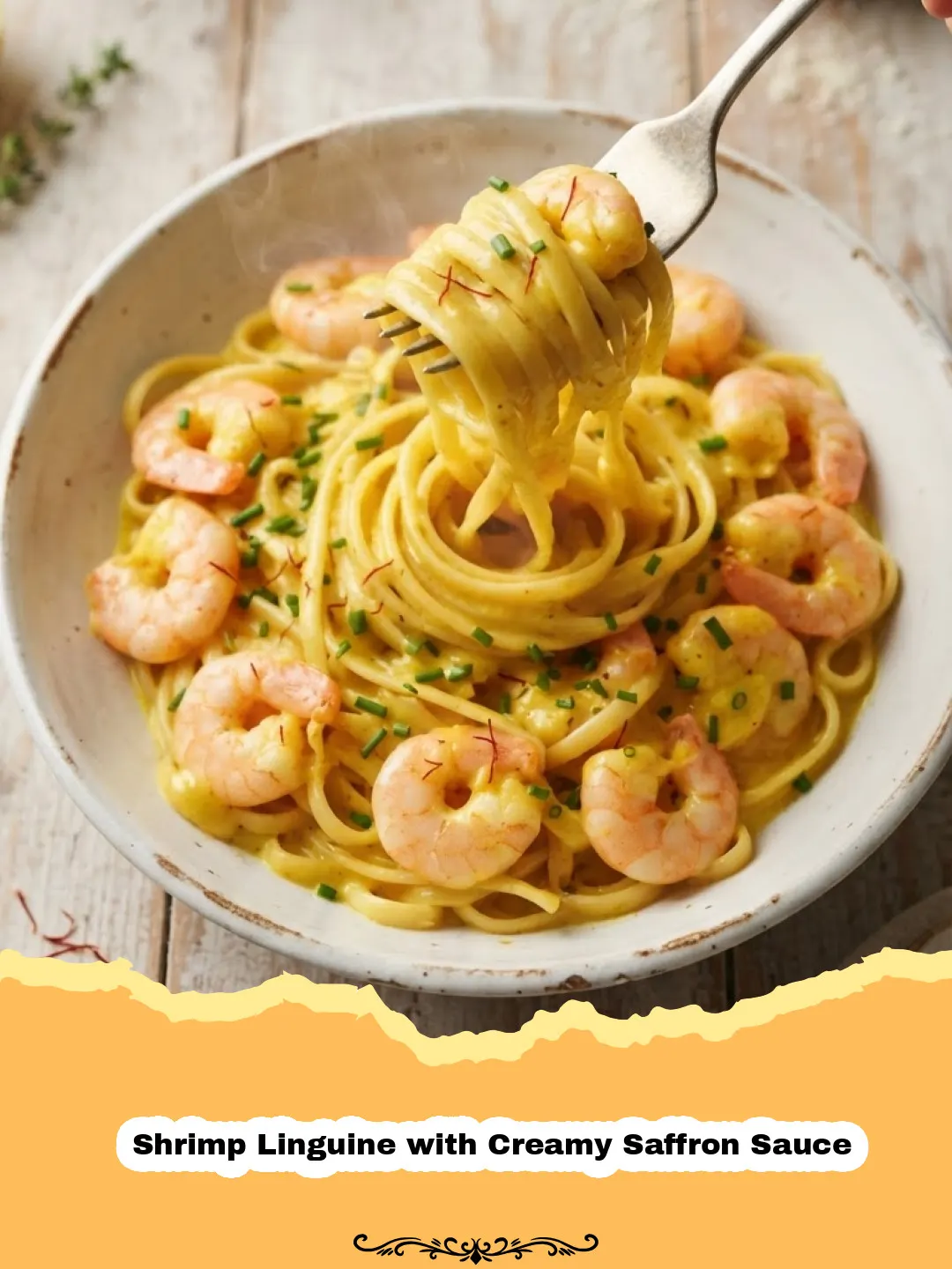 Golden Threads of Flavor: Shrimp Linguine with Creamy Saffron Sauce 3 Close-up of Shrimp Linguine with Creamy Saffron Sauce in a bowl, garnished with parsley.