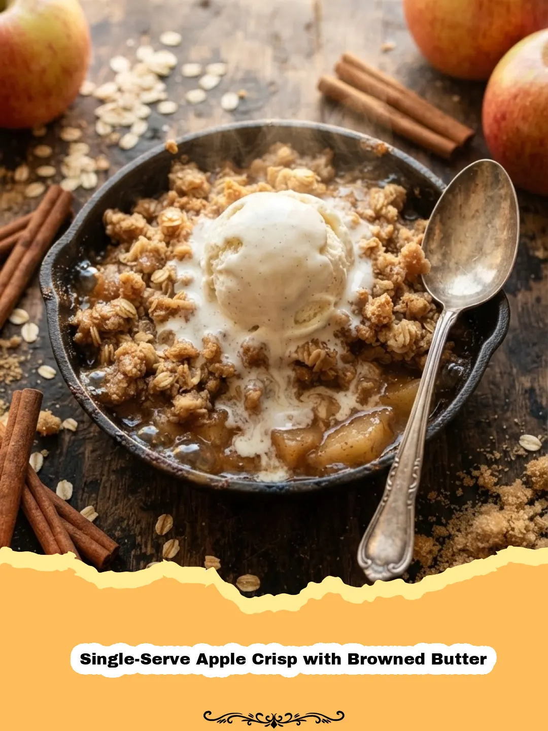 The Ultimate Single-Serve Apple Crisp with Browned Butter: A Cozy Treat for One 3 Single-Serve Apple Crisp with Browned Butter - Close-up of a warm single-serve apple crisp with browned butter, topped with melting vanilla ice cream, in a small white ramekin.