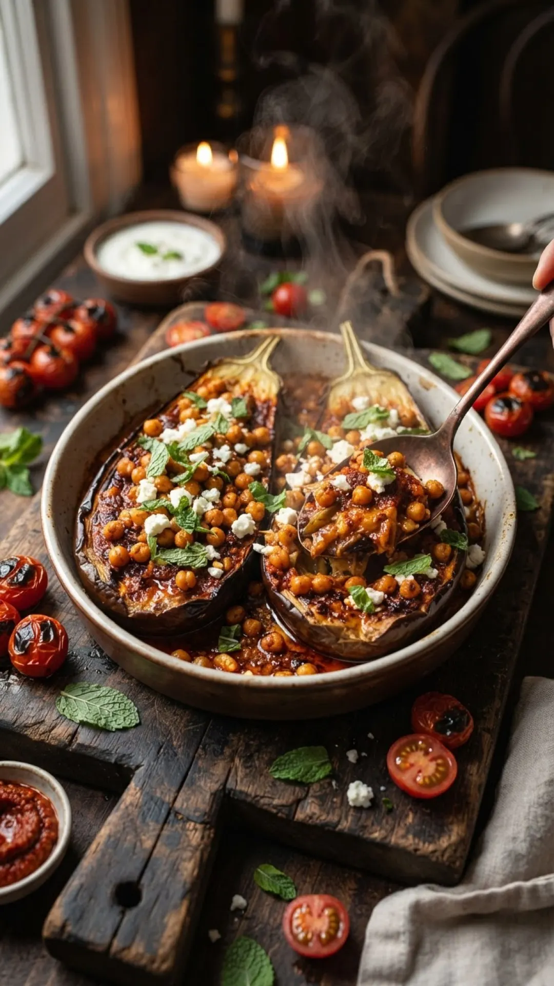 Sizzling Harissa Eggplant with Crispy Chickpeas Preparation