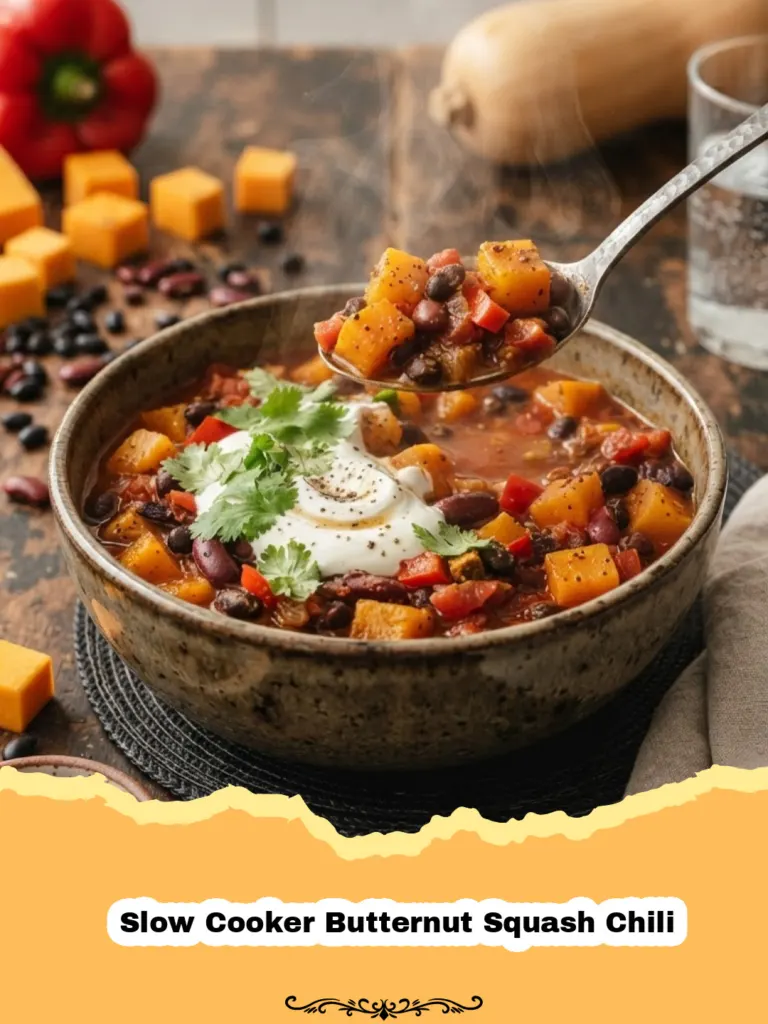 Cozy Comfort in a Bowl: My Ultimate Slow Cooker Butternut Squash Chili 5 A bowl of vibrant Slow Cooker Butternut Squash Chili topped with sour cream, cilantro, and shredded cheese, with cornbread on the side.