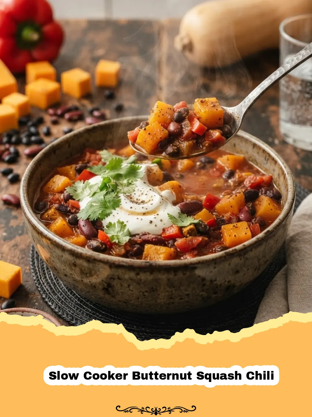 Cozy Comfort in a Bowl: My Ultimate Slow Cooker Butternut Squash Chili 3 A bowl of vibrant Slow Cooker Butternut Squash Chili topped with sour cream, cilantro, and shredded cheese, with cornbread on the side.