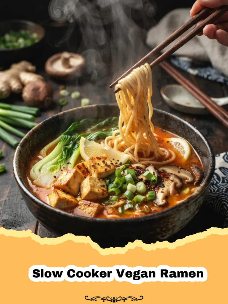 A steaming bowl of Slow Cooker Vegan Ramen topped with scallions, tofu, and mushrooms.