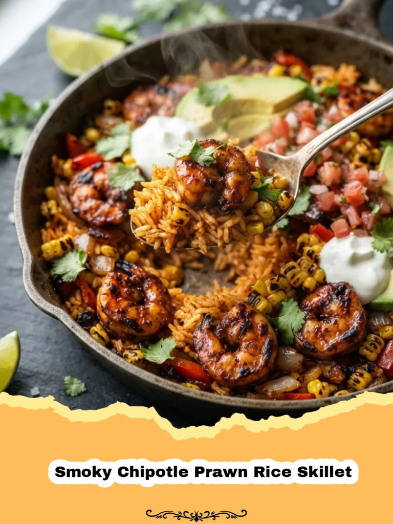 A steaming Smoky Chipotle Prawn Rice Skillet garnished with fresh cilantro and lime wedges.