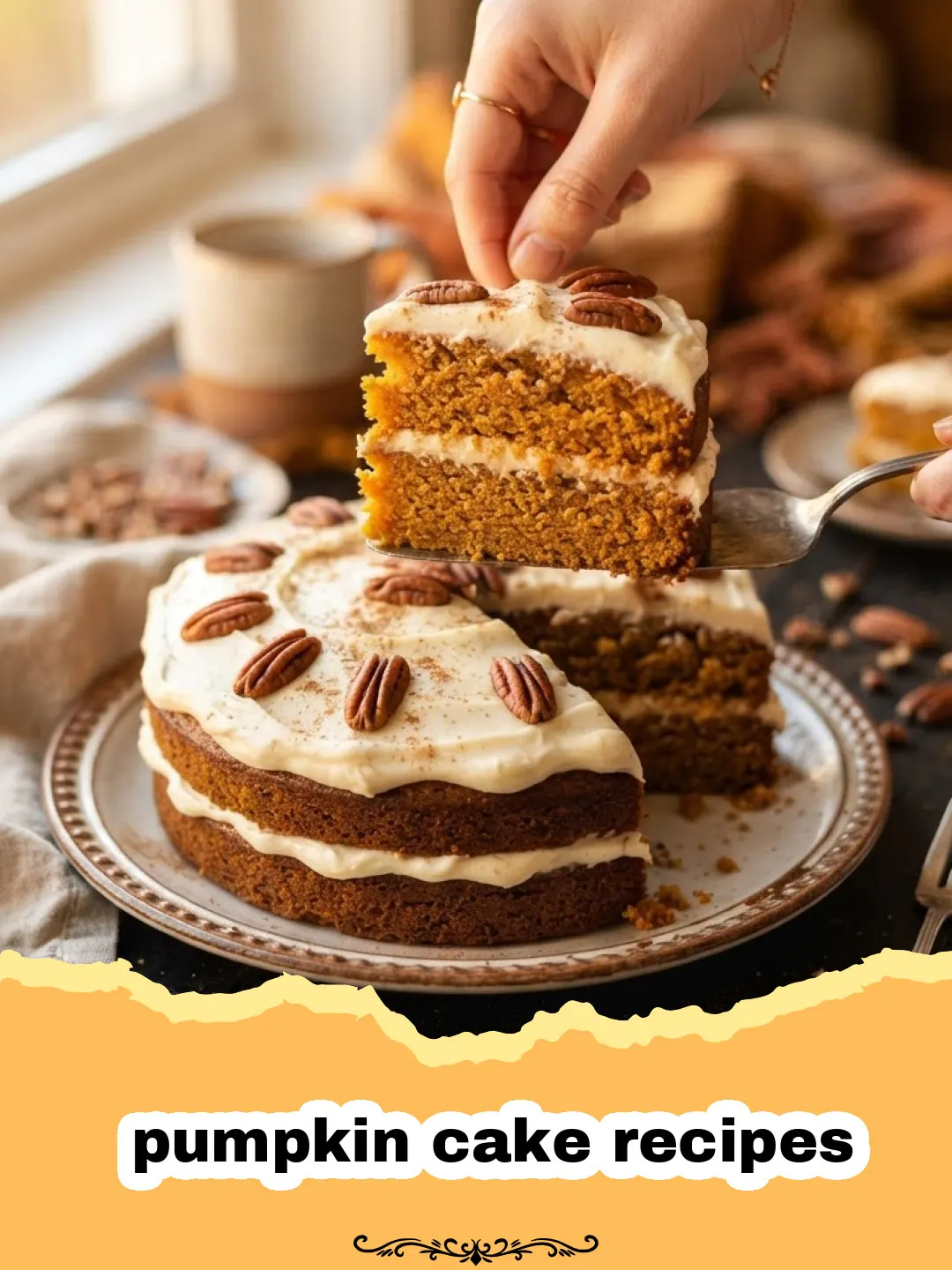 The Ultimate Autumn Indulgence: Our Best Ever Spiced Pumpkin Cake 3 pumpkin cake recipes - Slice of moist pumpkin cake with cream cheese frosting on a white plate, garnished with a sprinkle of cinnamon.