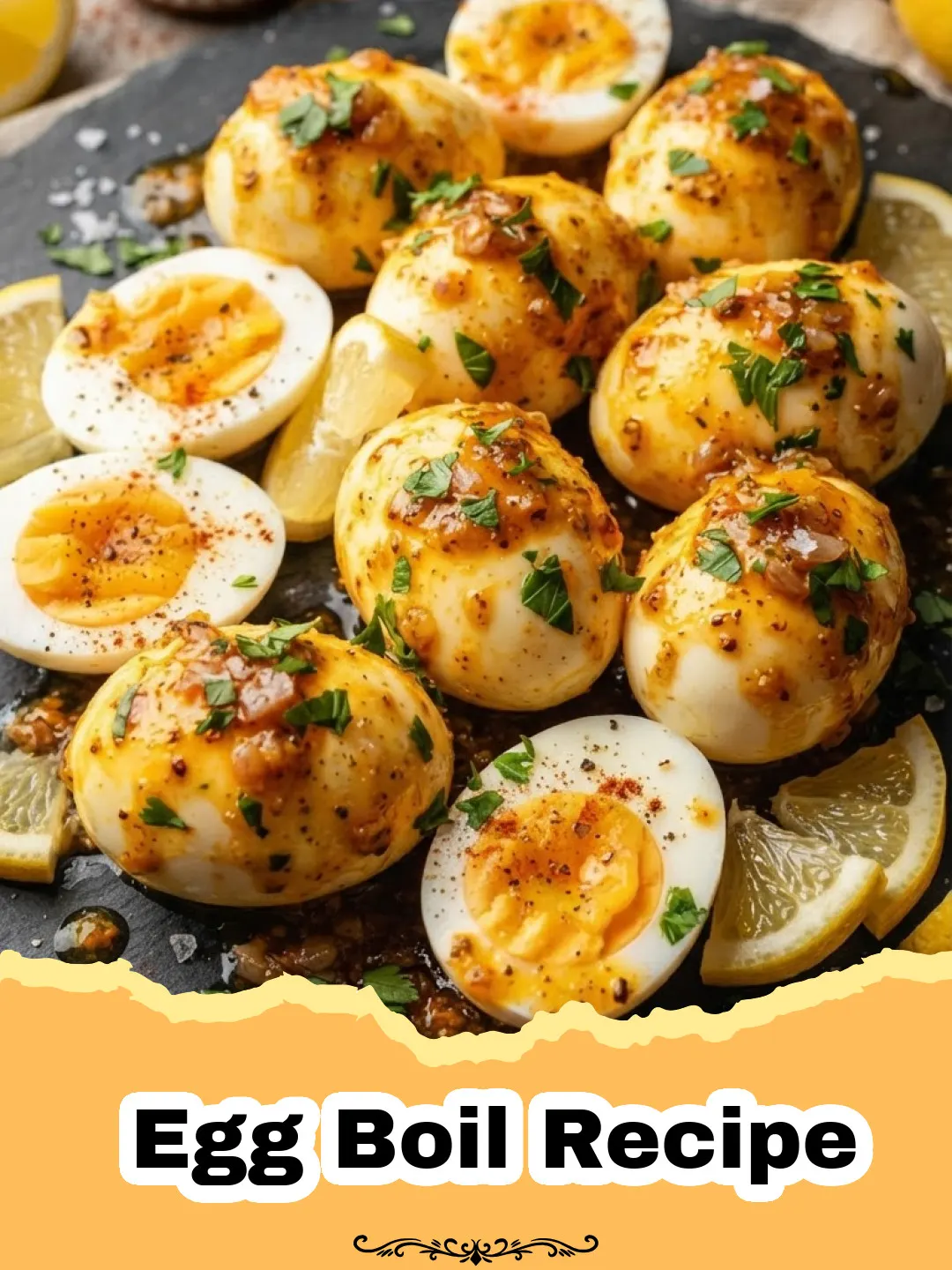 Egg Boil Recipe - A close-up shot of a vibrant, spicy seafood and egg boil served in a large pot, featuring whole hard-boiled eggs, pink shrimp, sliced sausage, corn on the cob, and red potatoes, all coated in a rich, glistening red sauce and garnished with fresh parsley.