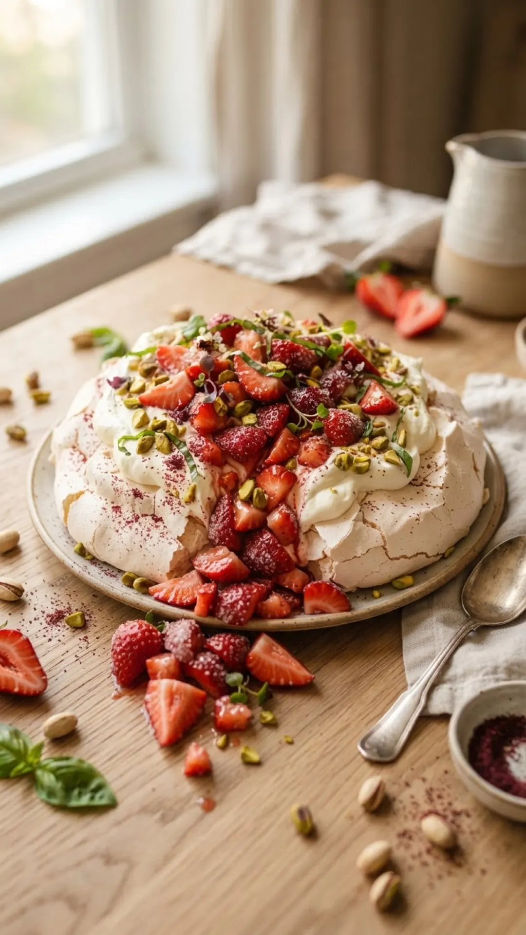 Strawberry Sumac Pavlova with Pistachios & Basil Preparation