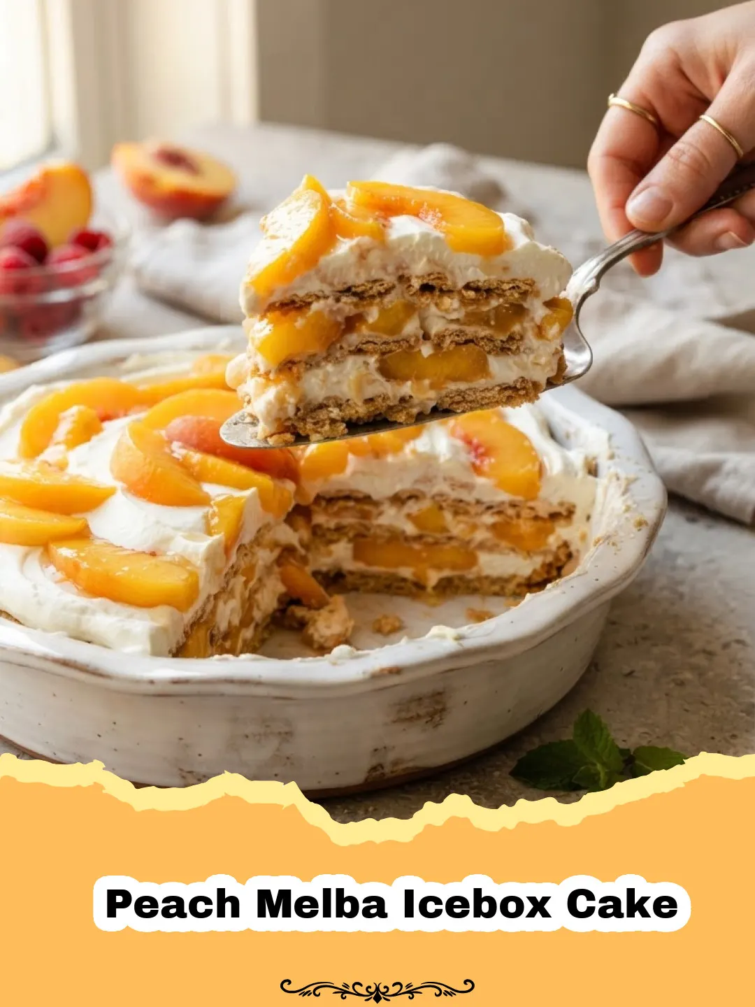 Cool Down with This Easy & Elegant Peach Melba Icebox Cake 3 Beautifully layered Peach Melba Icebox Cake with creamy filling, peaches, raspberries, and vanilla wafers, garnished with fresh berries.