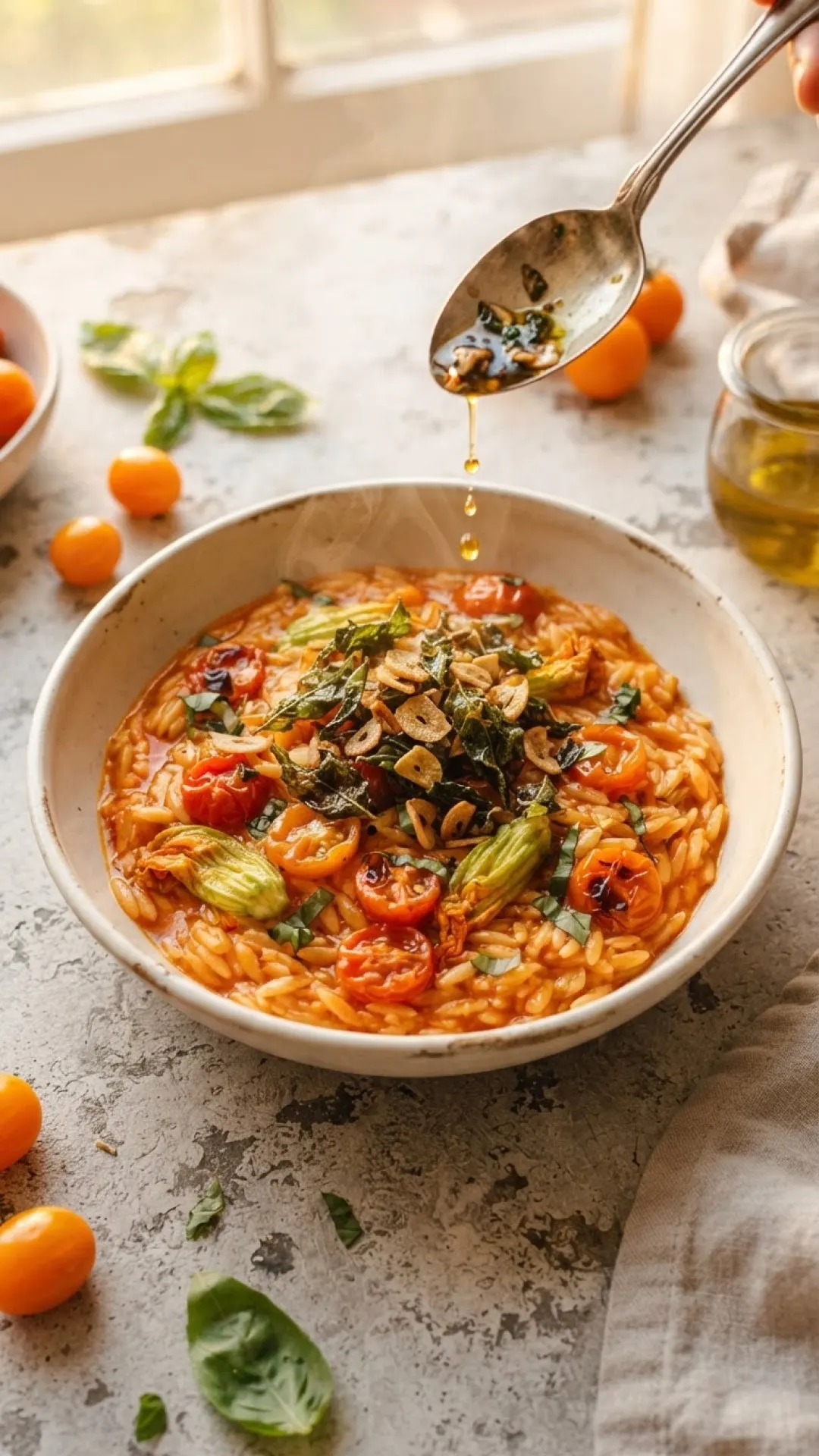 Sungold Tomato Orzo with Crispy Basil Garlic Preparation