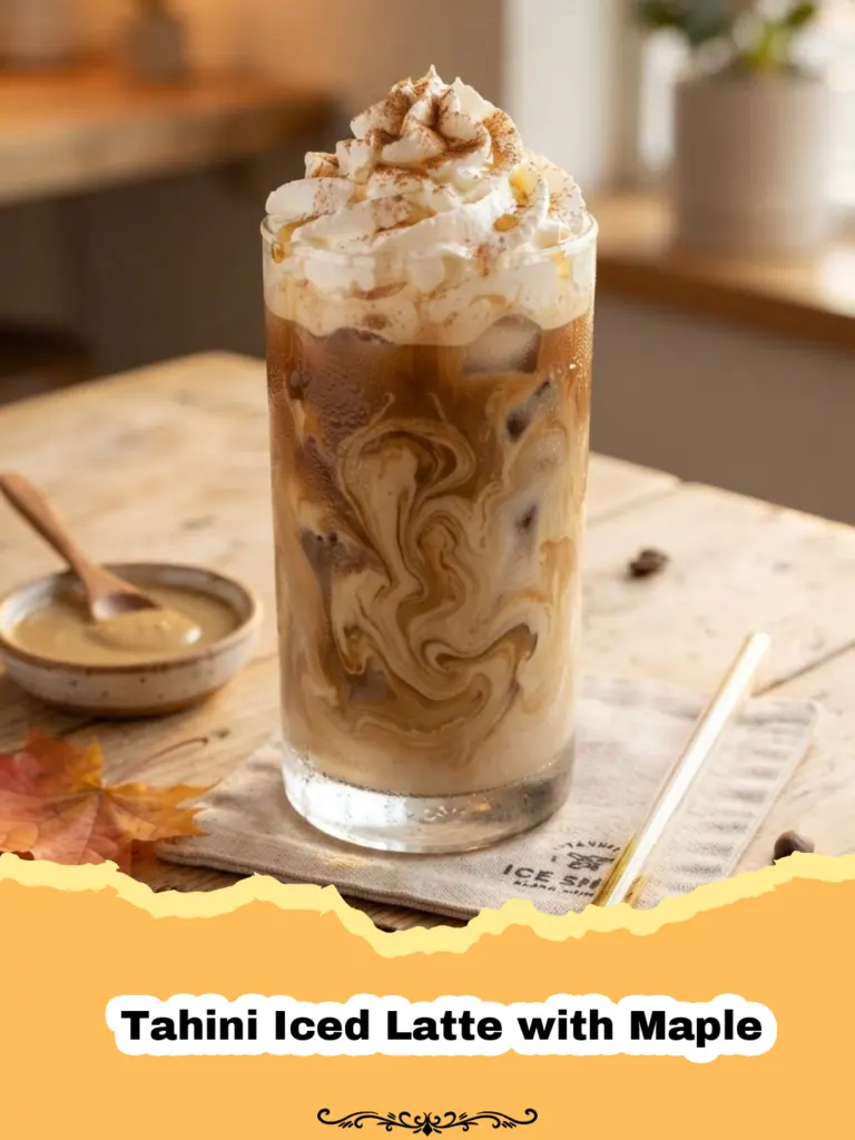 Embrace the Unexpected: Your New Favorite Tahini Iced Latte with Maple 5 A glass of Tahini Iced Latte with Maple, topped with a drizzle of tahini and served with a straw and coffee beans on a wooden table.
