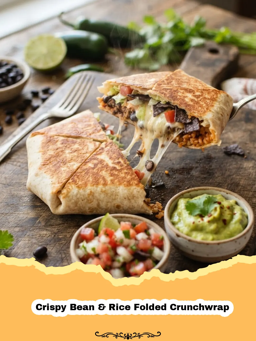 The Ultimate Crispy Bean & Rice Folded Crunchwrap: A Flavorful Veggie Delight! 3 Crispy Bean & Rice Folded Crunchwrap, golden brown and cut in half, revealing the layers of rice, black beans, cheese, salsa, and tortilla chips inside.