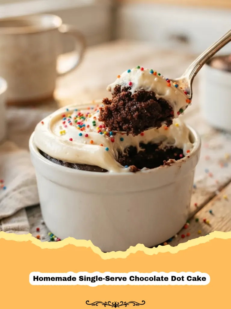 Indulge in Pure Bliss: Your Perfect Homemade Single-Serve Chocolate Dot Cake 5 Close-up of a warm Homemade Single-Serve Chocolate Dot Cake in a ramekin, with melted chocolate chips and a spoon